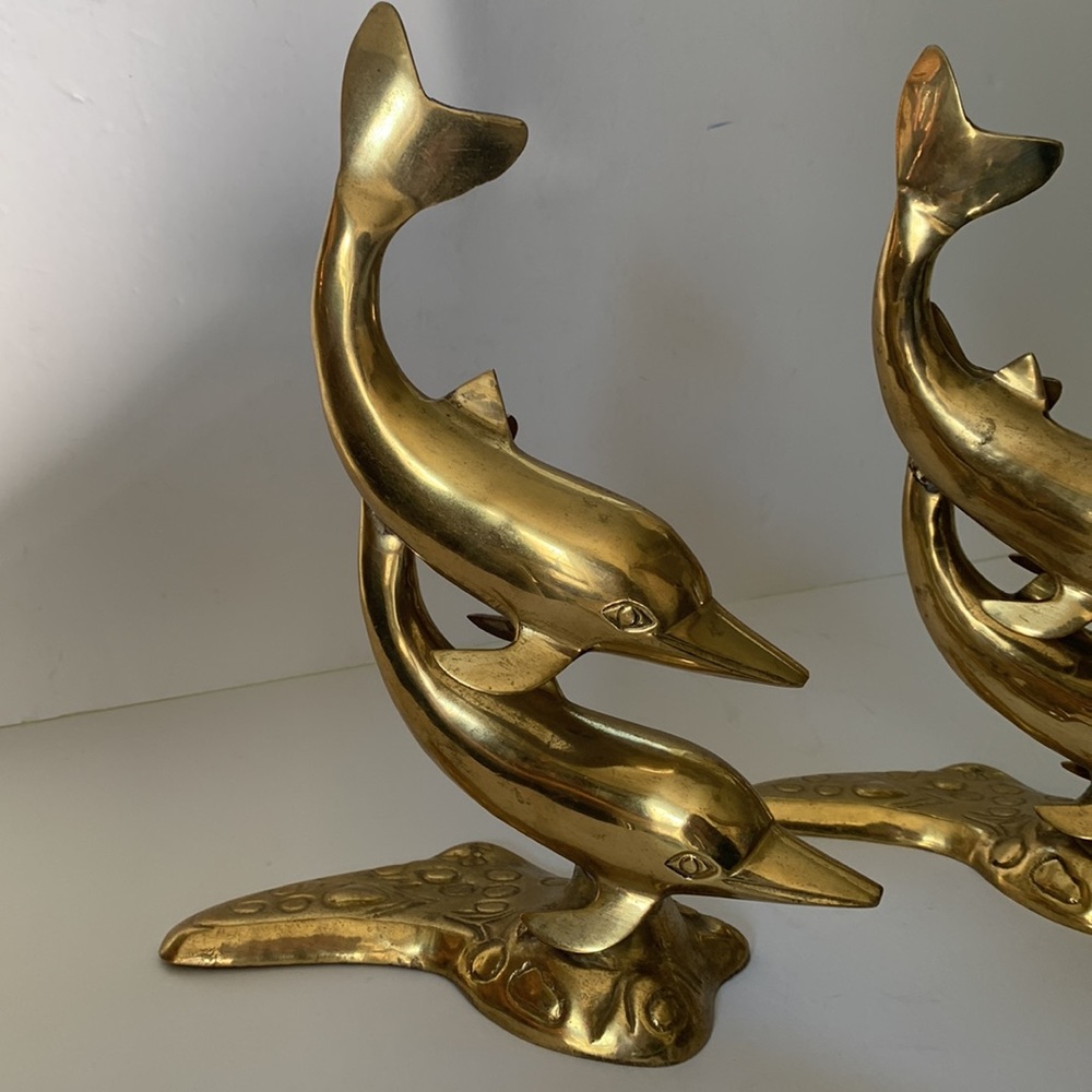 Mid Century Modern Brass Dolphins Vintage Set Of Two Brass Sculptures - Picture 4 of 7